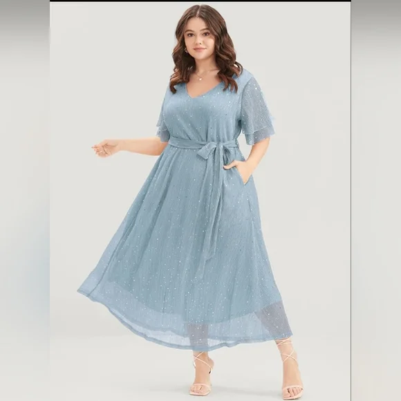 Chiffon, Sparkly Dress, W/ Ruffle Sleeves, Belt, & Pockets, Blue, Size 14-16 1X - Picture 2 of 8